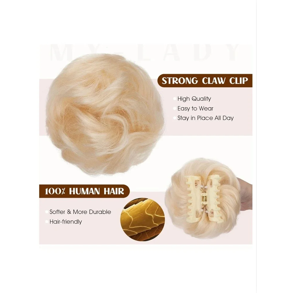 MY-LADY Human Hair Claw‎ Clip Messy Bun Extension Platinum Blonde Wavy Hairpiece